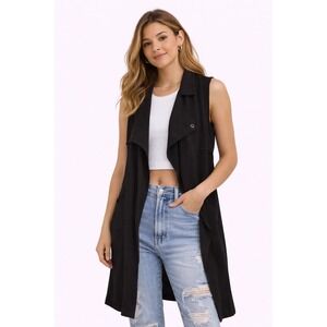 BE COOL Sleeveless Trench Vest Womens Size Medium Black Longline Open Front Chic